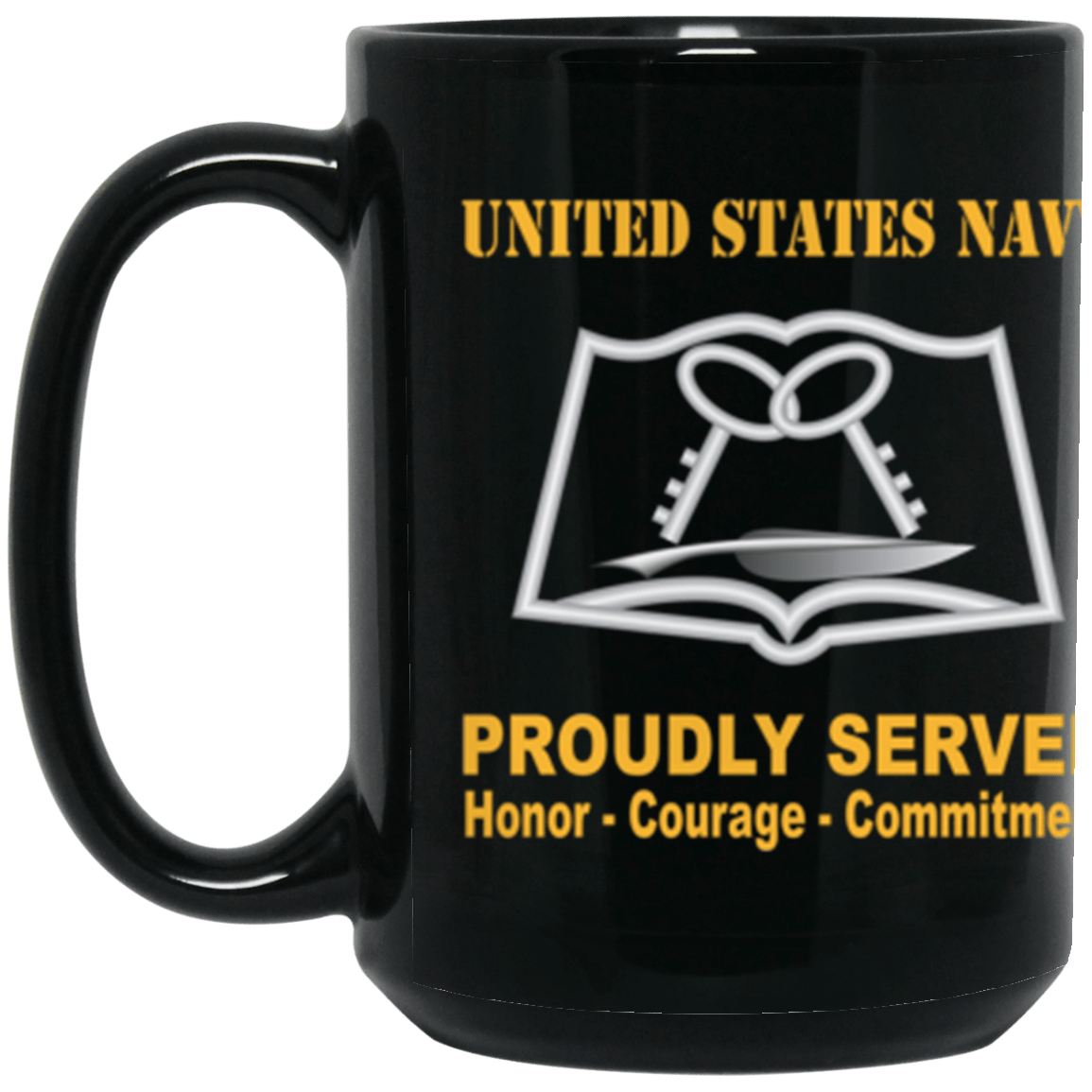 US Navy Navy Mess Management Specialist Navy MS Proudly Served Core Values 15 oz. Black Mug-Drinkware-Veterans Nation
