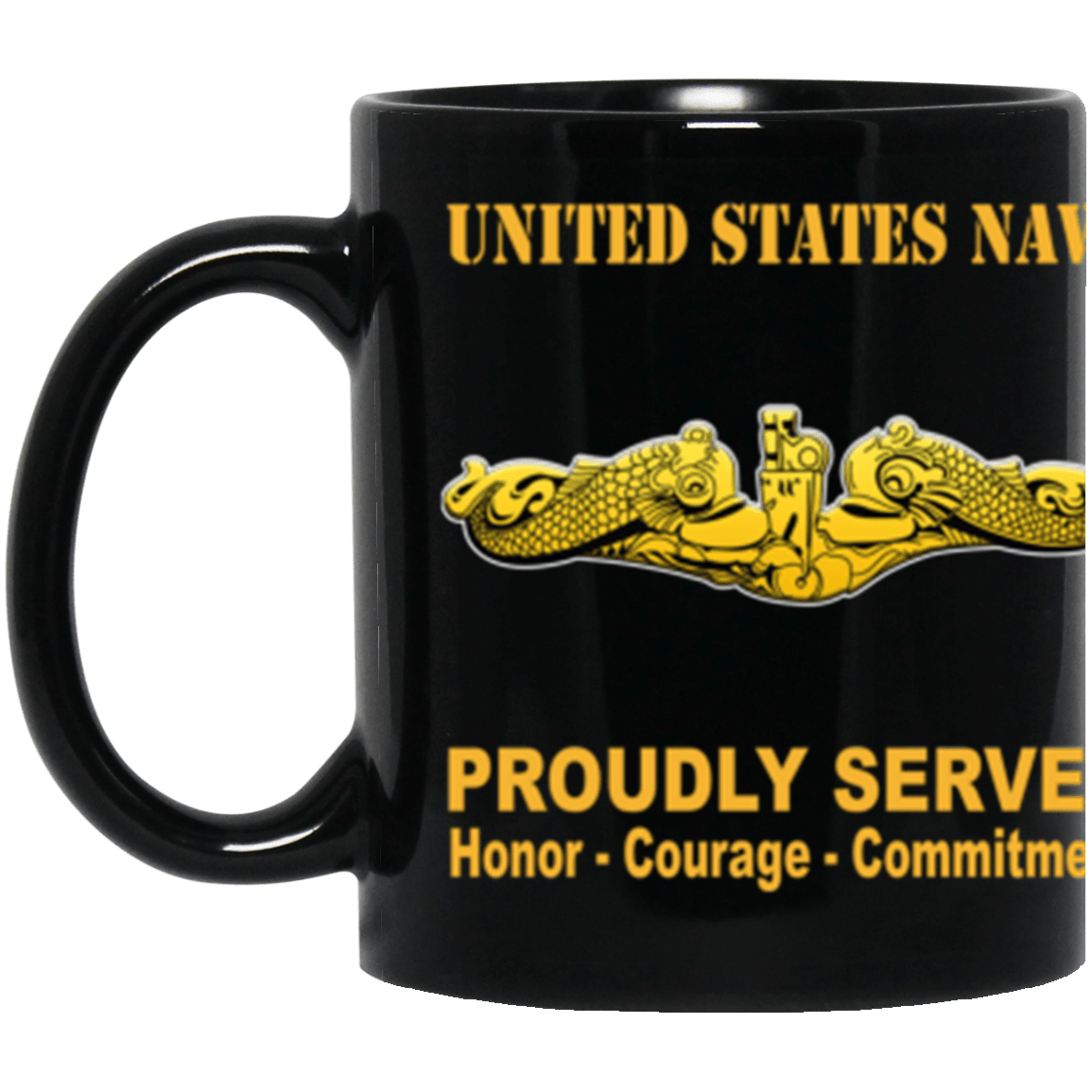 US Navy Submarine Warfare Officer Badge Proudly Served Core Values 11 oz. Black Mug-Drinkware-Veterans Nation