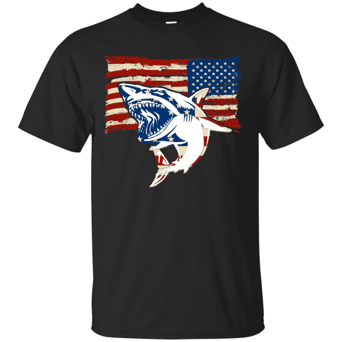 Military T-Shirt "Independence Day Shark American Flag" Front-TShirt-General-Veterans Nation