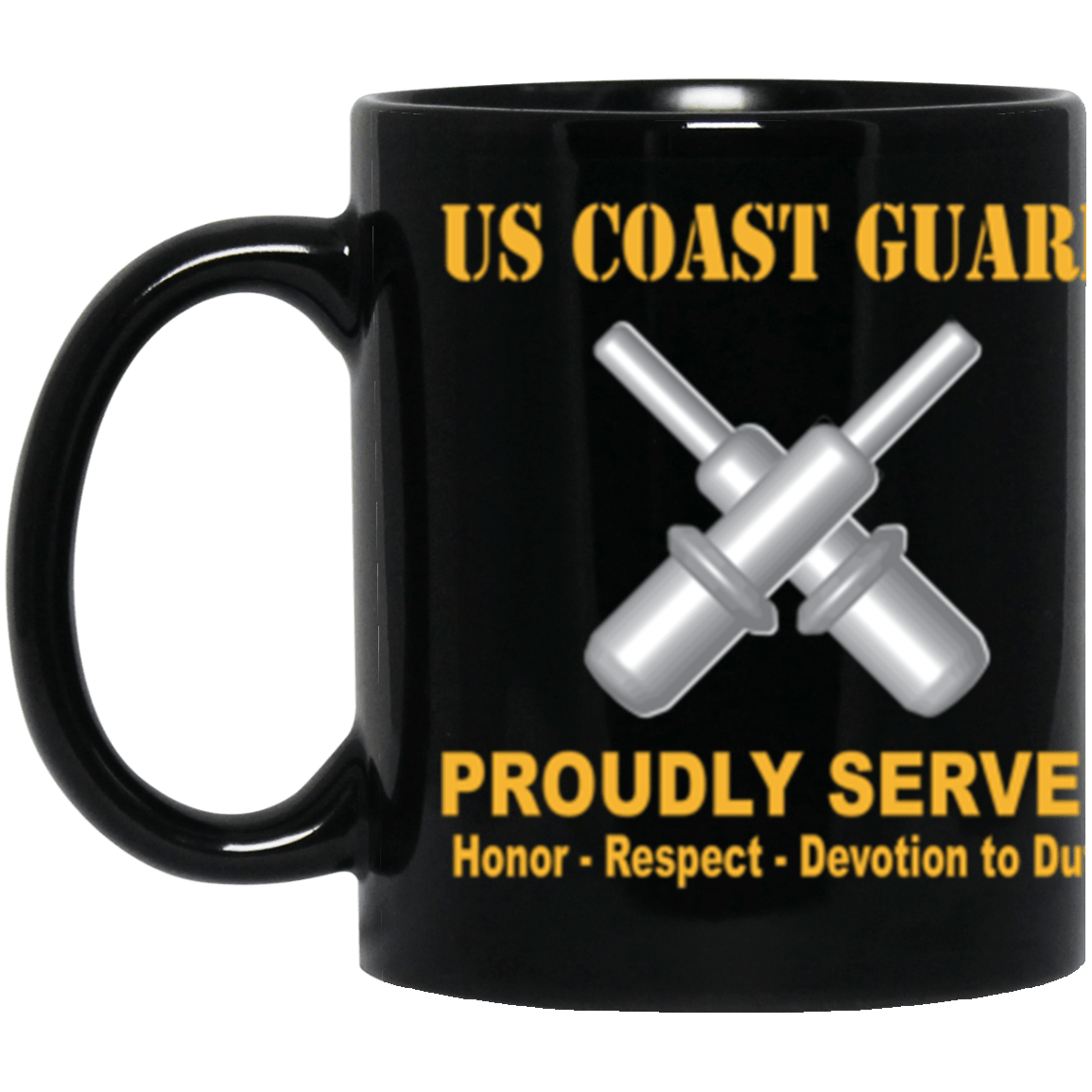 USCG Gunner's Mate GM Logo Proudly Served Core Values 11 oz. Black Mug-Drinkware-Veterans Nation