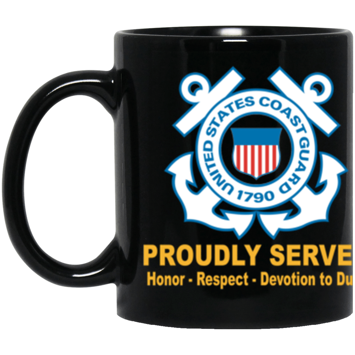 USCG Logo Proudly Served Core Values 11 oz. Black Mug-Drinkware-Veterans Nation