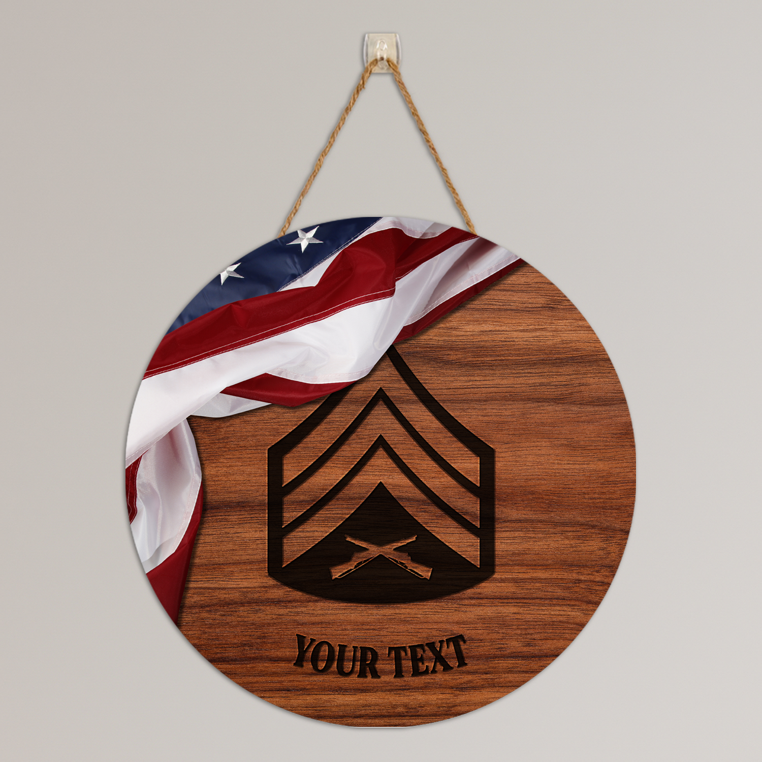 Custom Round Wood Sign, USA Flag With Military Ranks/Insignia, Personalized Text-Round Sign-Veterans Nation