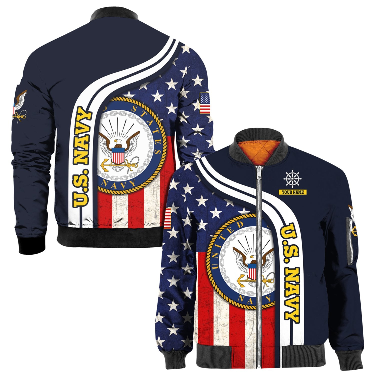 Custom 3D All Over Prints Bomber Jacket, Personalized Name And Military Logo, USA Flag-AOV-Custom-Veterans Nation