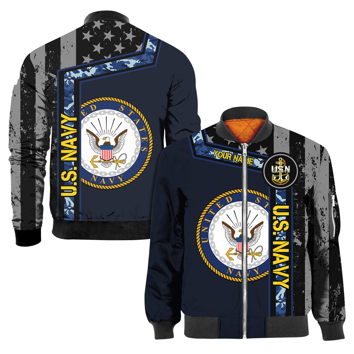 Custom 3D All Over Prints Bomber Jacket, Personalized Name And Military Logo, Black/White USA Flag-AOV-Custom-Veterans Nation