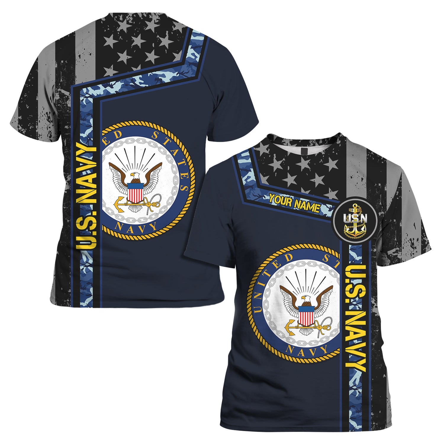 Custom 3D All Over Prints T-Shirt, Personalized Name And Military Logo, Black/White USA Flag-AOV-Custom-Veterans Nation