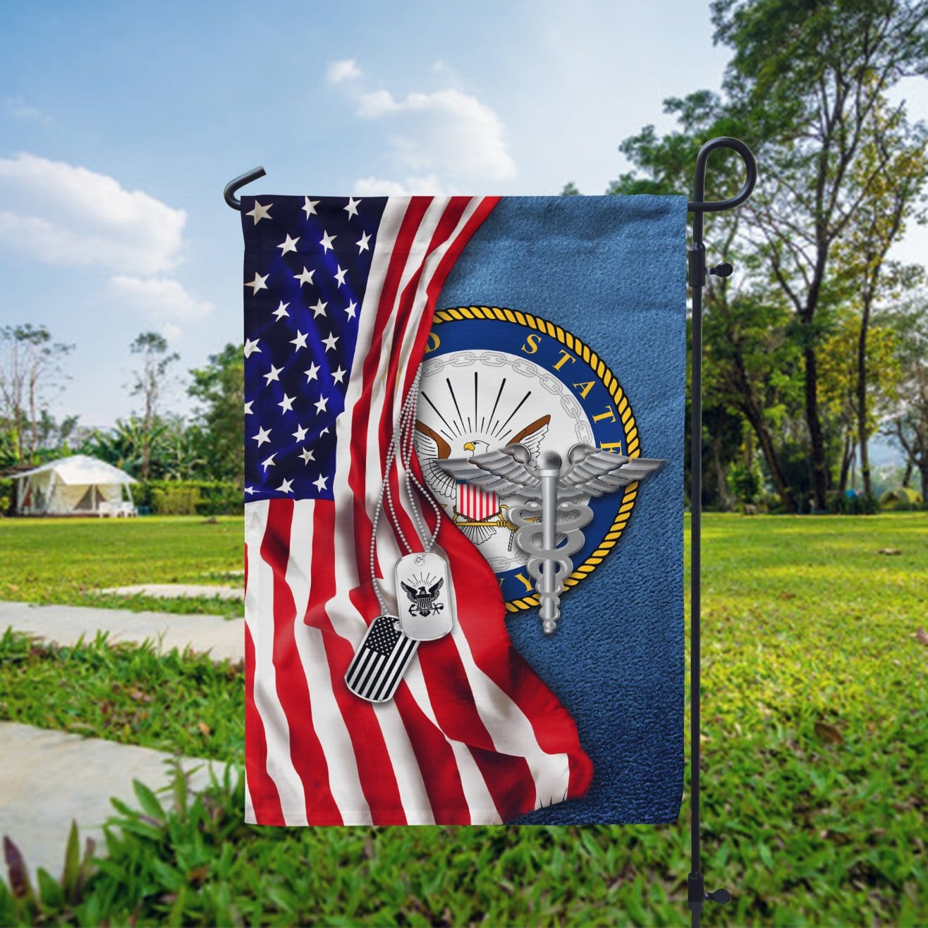 Half USA Flag With Military Ranks/Insignia D05 Garden Flag/Yard Flag 12 Inch x 18 Inch Twin-Side Printing-GDFlag-AllBranch-Veterans Nation