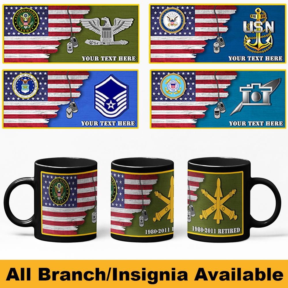 Personalized USA Flag with Military Insignia and Text 11oz-15oz Black Mug-Mug-AllBranch-Veterans Nation