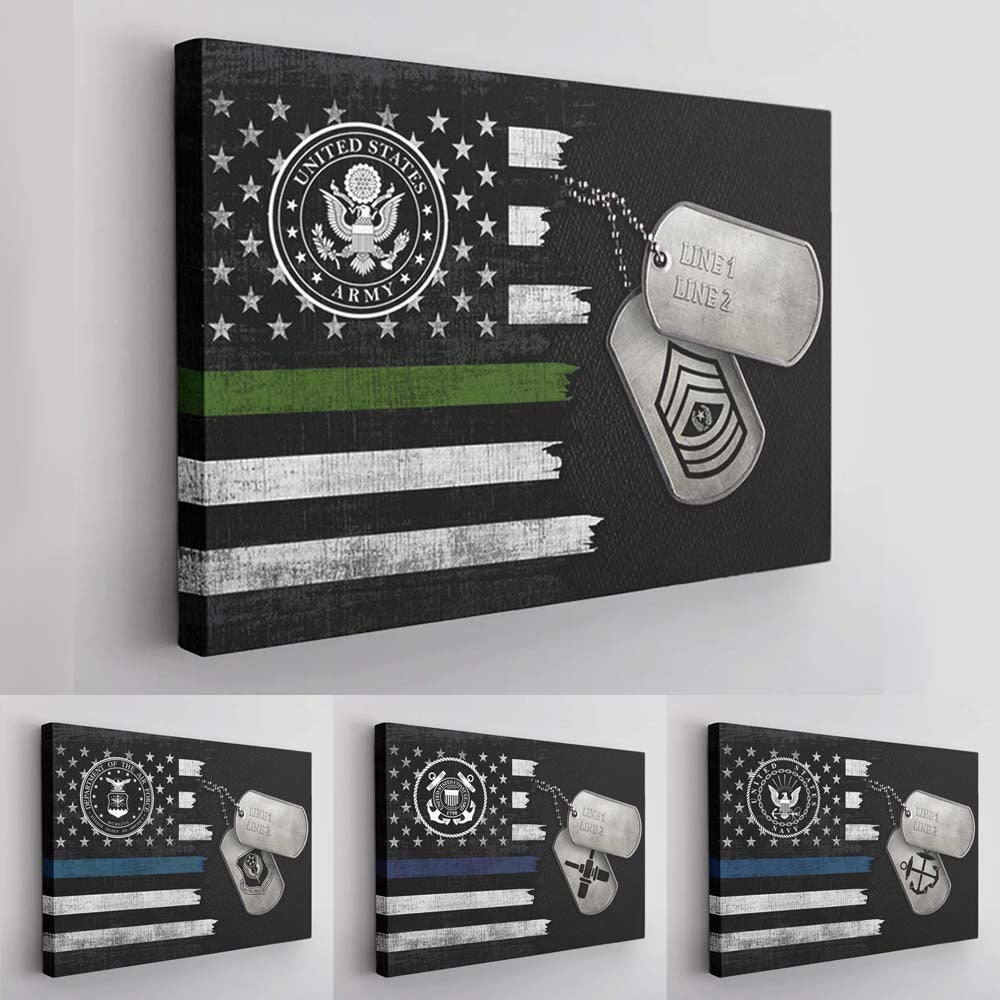 Personalized Canvas 1.5in Frame - Black/White USA Flag With Military Ranks/Insignia - Personalized Name & Ranks D08-Canvas-Personalized-AllBranch-Veterans Nation
