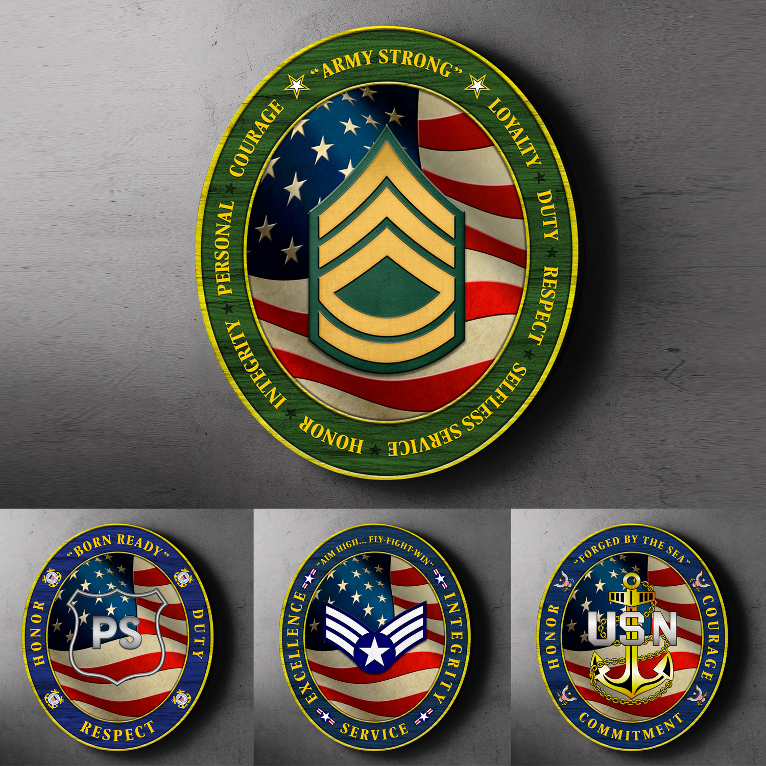 Custom Round Wood Sign, Military Mottos, Core Values With Military Ranks/Insignia-Round Sign-Veterans Nation