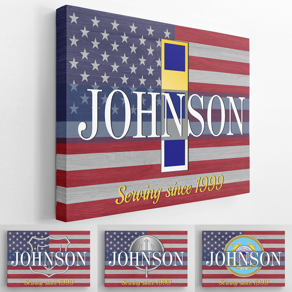 Personalized Canvas 1.5in Frame - USA Flag With Military Ranks/Insignia - Personalized Name & Ranks D06-Canvas-Personalized-AllBranch-Veterans Nation