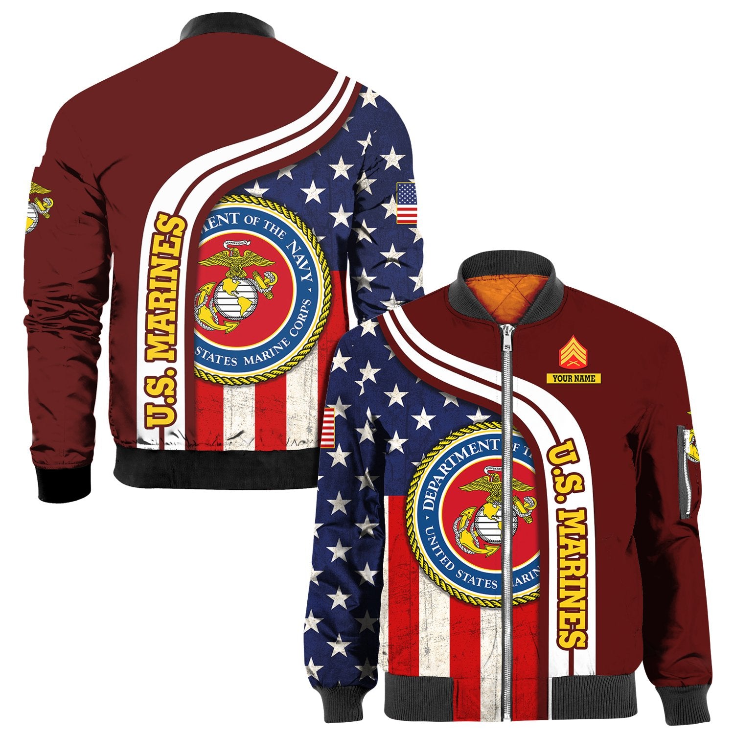 Custom 3D All Over Prints Bomber Jacket, Personalized Name And Military Logo, USA Flag-AOV-Custom-Veterans Nation