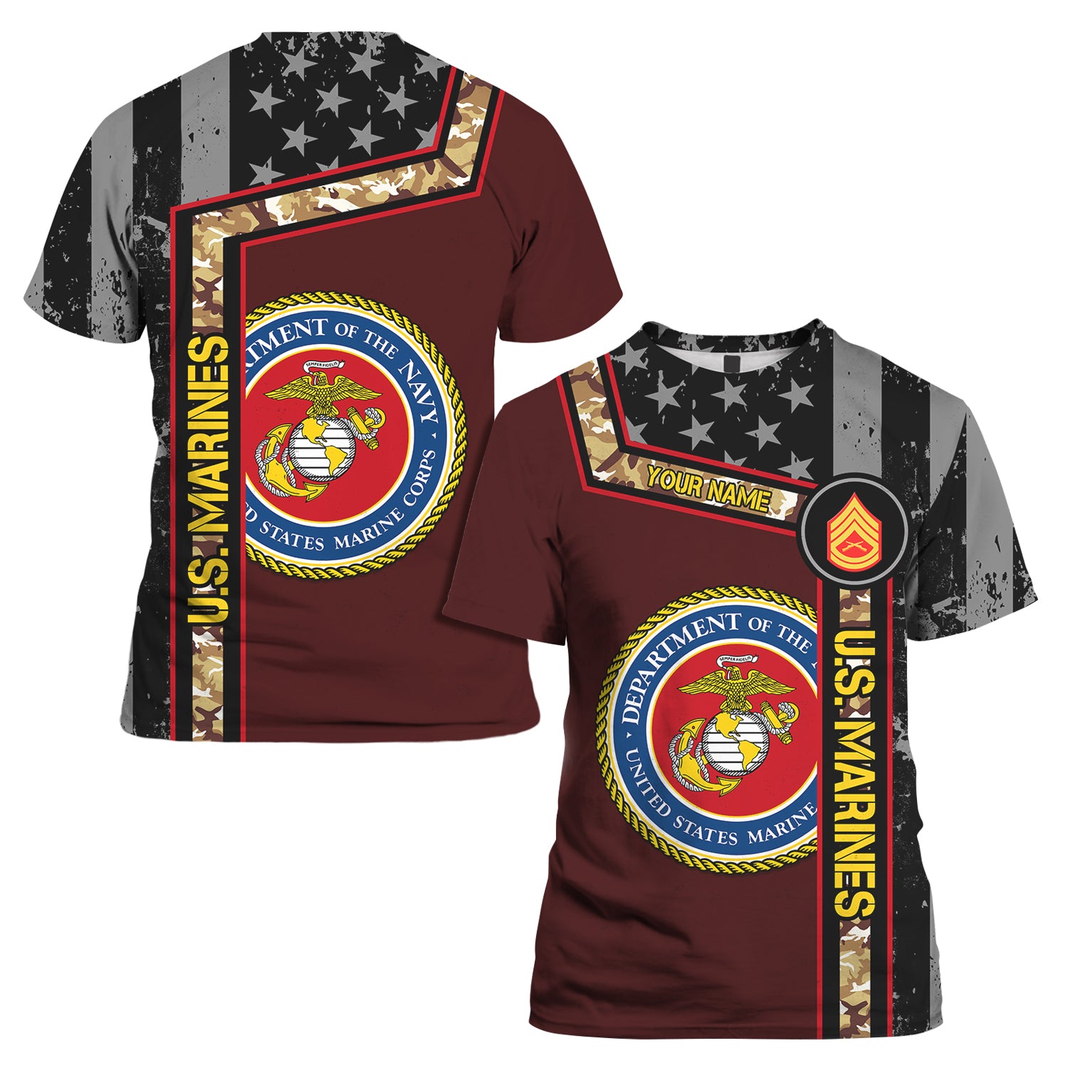 Custom 3D All Over Prints T-Shirt, Personalized Name And Military Logo, Black/White USA Flag-AOV-Custom-Veterans Nation