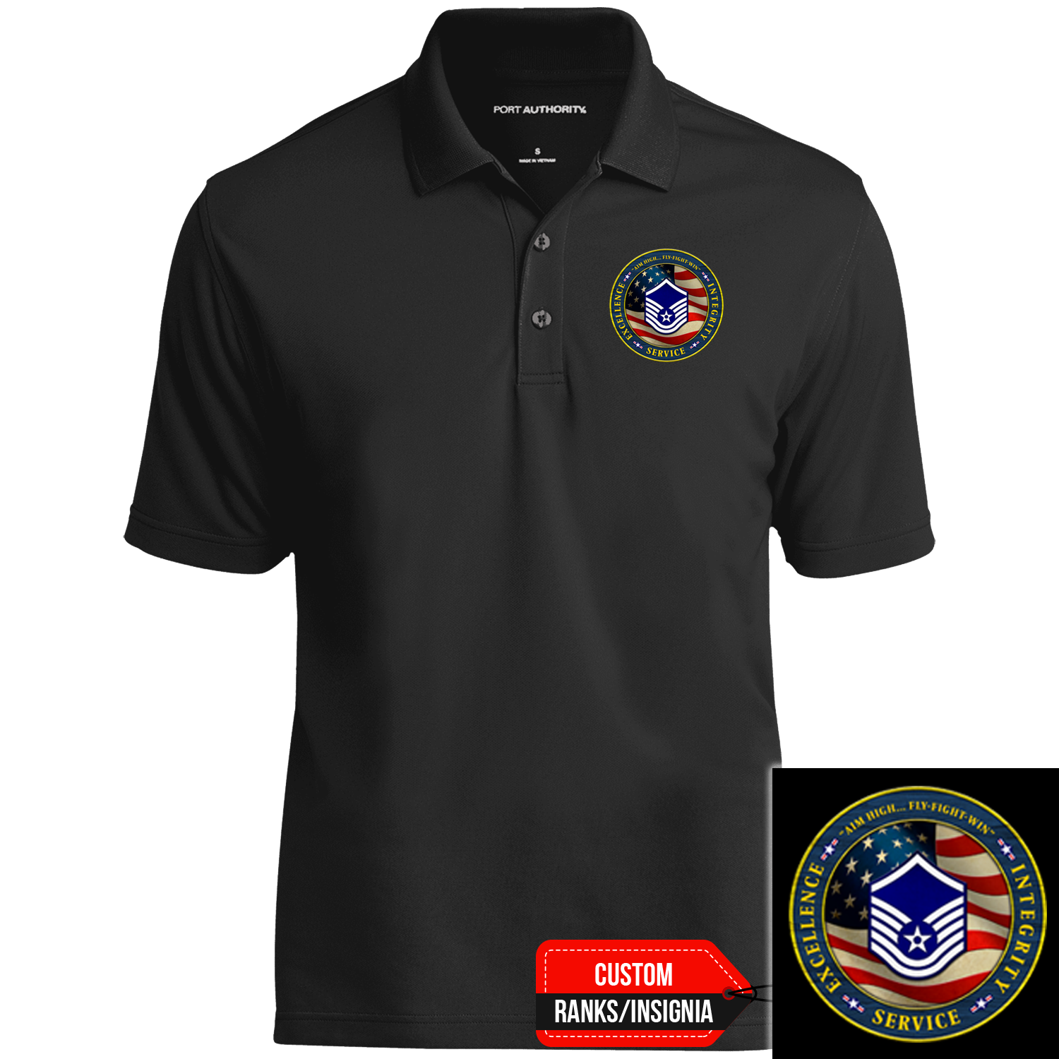 Custom US Air Force Ranks/Insignia Military Mottos, Core Values Print On Left Chest Polo Shirt