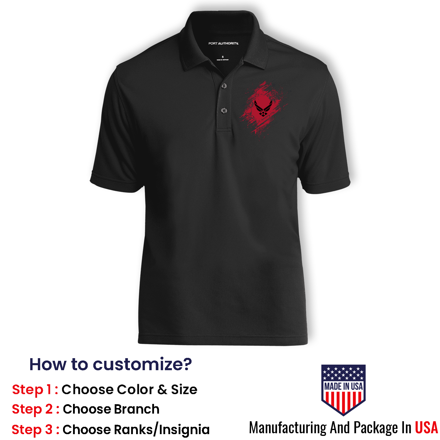 Custom US Air Force Ranks/Insignia In Heart Print On Left Chest Polo Shirt