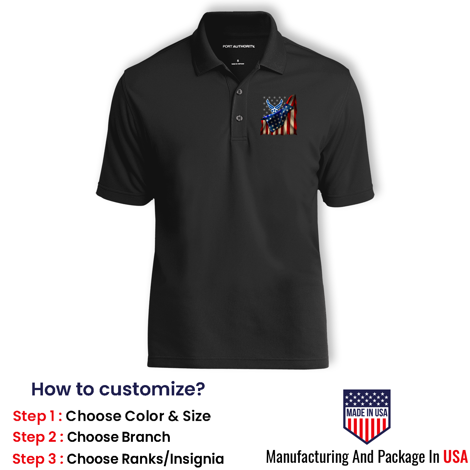 Custom US Air Force Ranks/Insignia, USA Flag, Print On Left Chest Polo Shirt