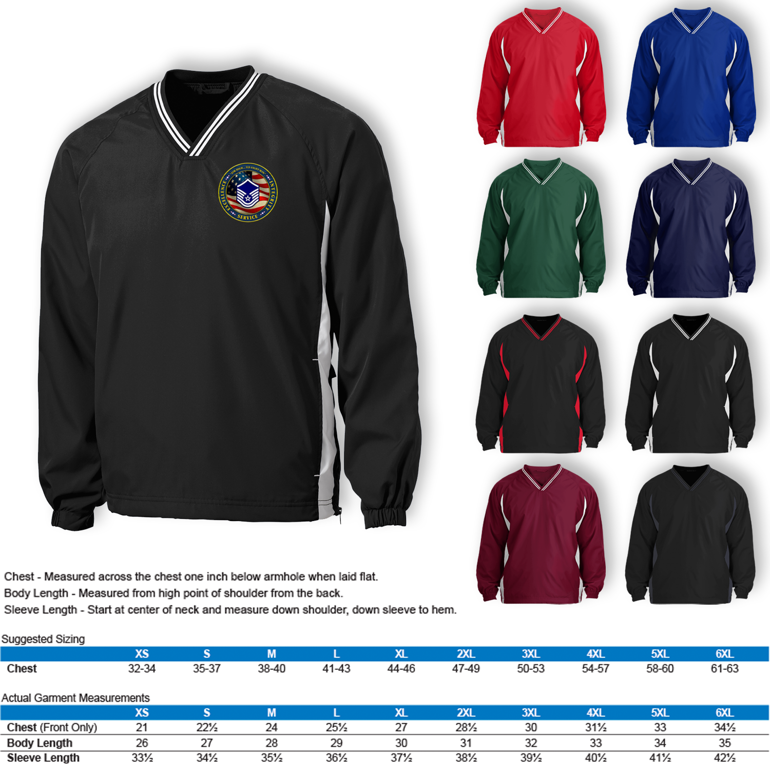 Custom US Air Force Ranks/Insignia Military Mottos, Core Values Print On Left Chest Windshirt