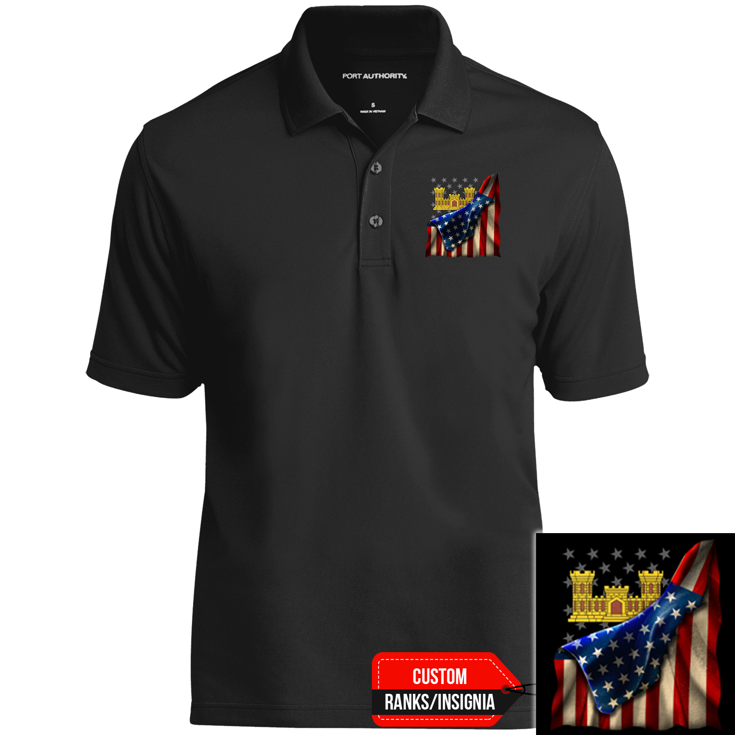Custom US Army Ranks/Insignia, USA Flag, Print On Left Chest Polo Shirt