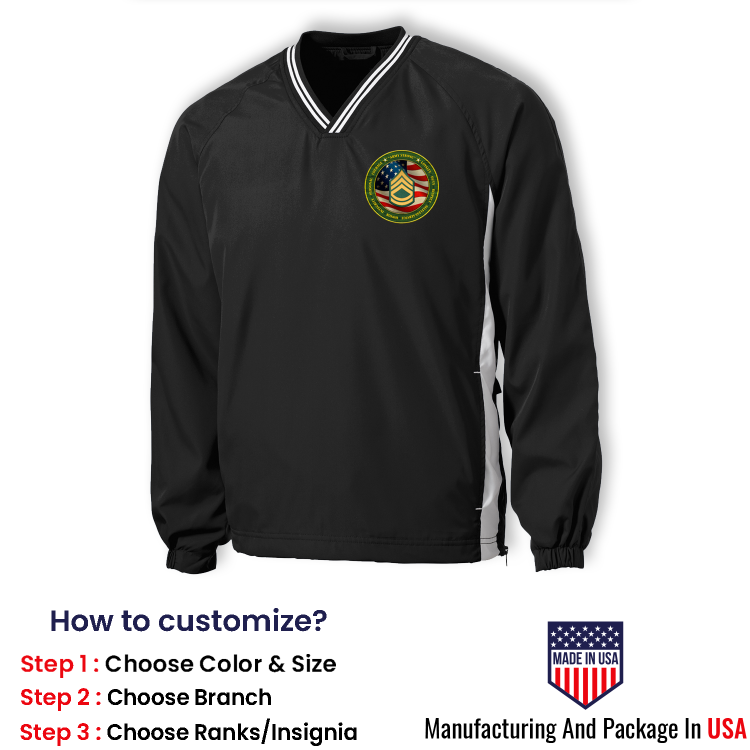 Custom US Army Ranks/Insignia Military Mottos, Core Values Print On Left Chest Windshirt