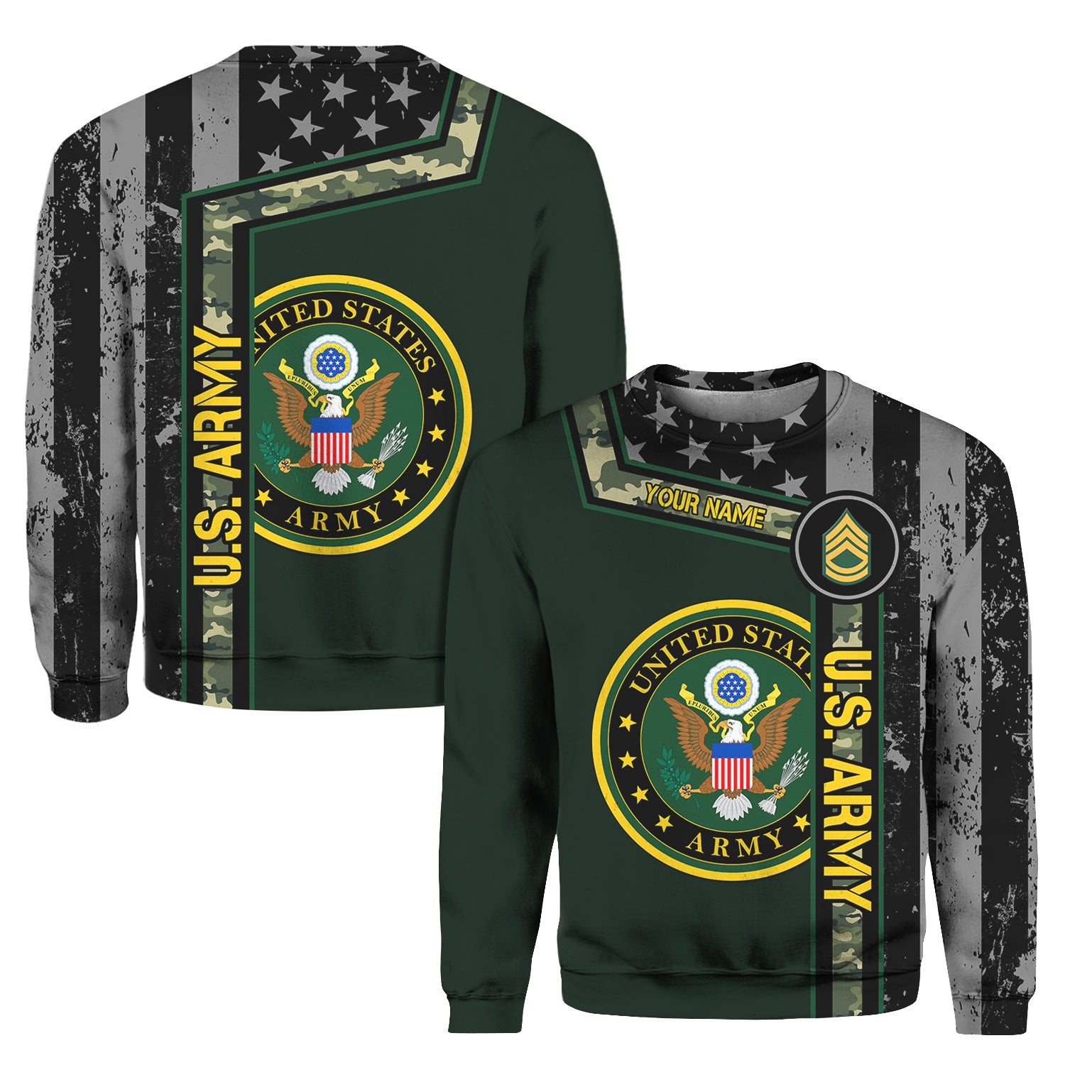 Custom 3D All Over Prints Crewneck Sweatshirt, Personalized Name And Military Logo, Black/White USA Flag-AOV-Custom-Veterans Nation