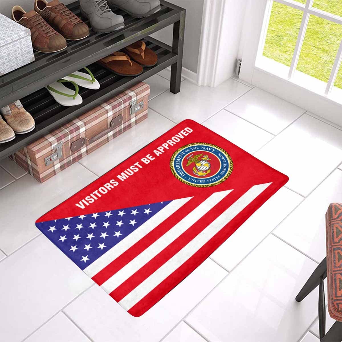 US Flag and USMC Logo - Visitors Must Be Approved Doormat-Doormat-USMC-Logo-Veterans Nation