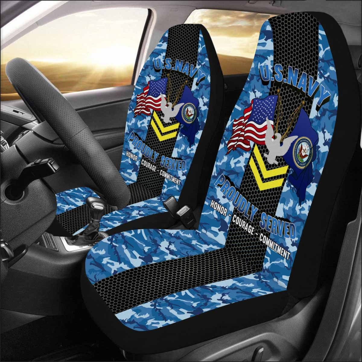 US Navy E-5 Petty Officer Second Class E5 PO2 Gold Stripe Collar Device Car Seat Covers (Set of 2)-SeatCovers-Navy-Collar-Veterans Nation