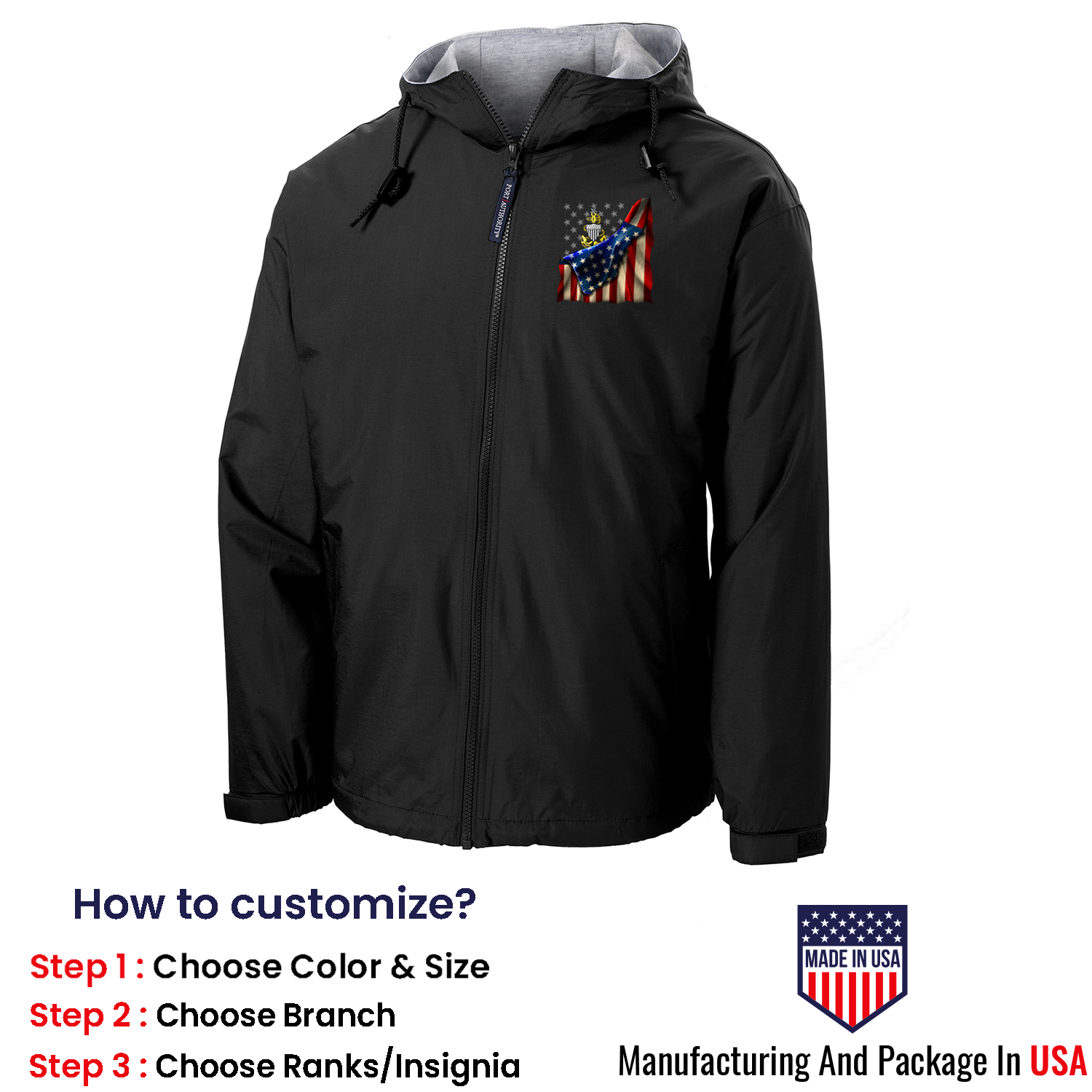 Custom US Coast Guard Ranks/Insignia, USA Flag, Print On Left Chest Team Jacket
