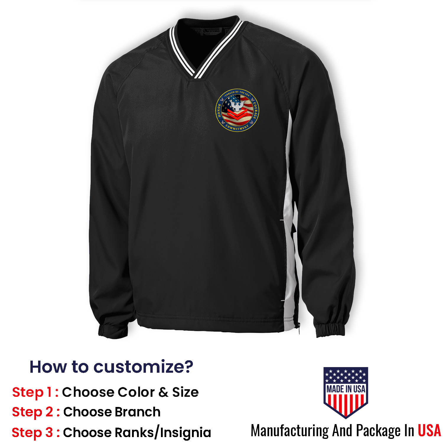 Custom US Navy Ranks/Insignia Military Mottos, Core Values Print On Left Chest Windshirt