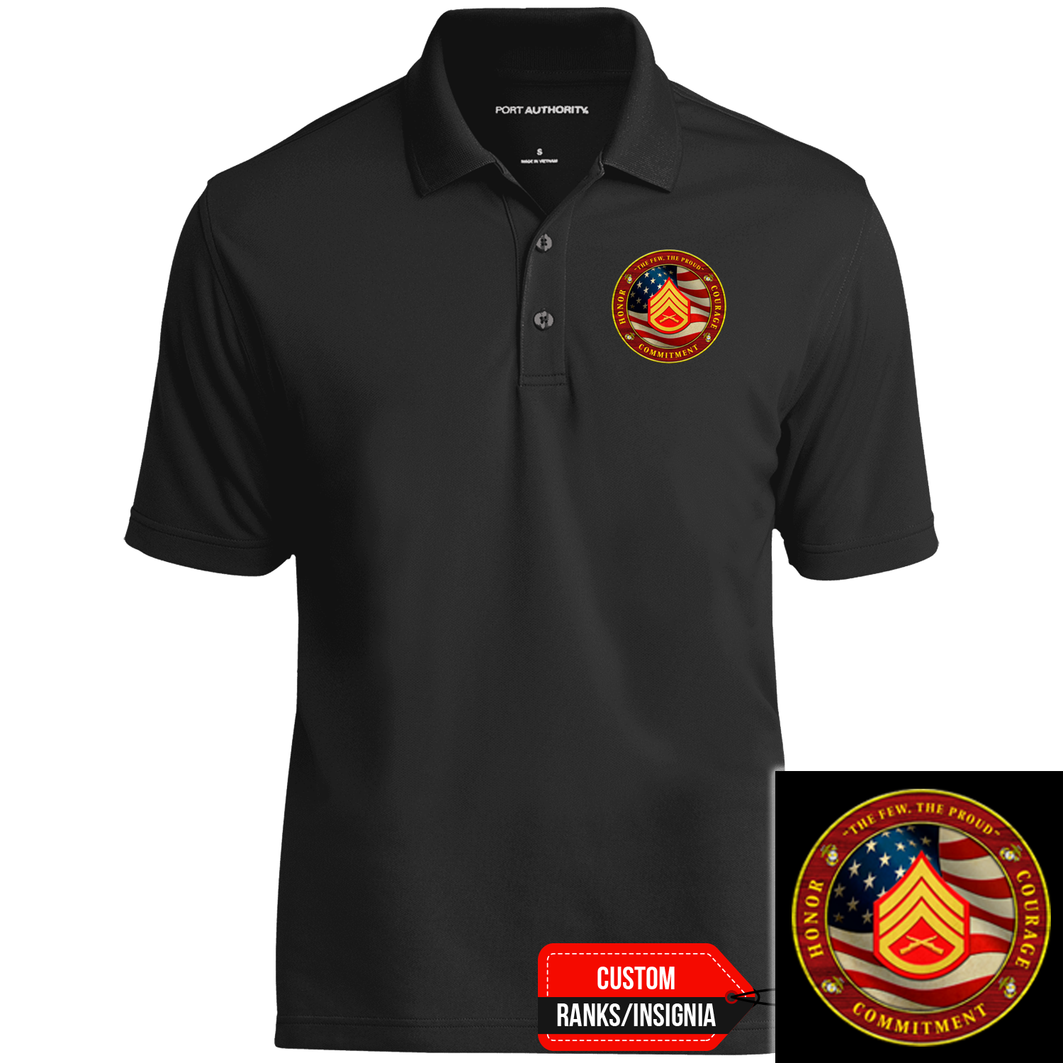 Custom US Marine Corps Ranks/Insignia Military Mottos, Core Values, Print On Left Chest Polo Shirt