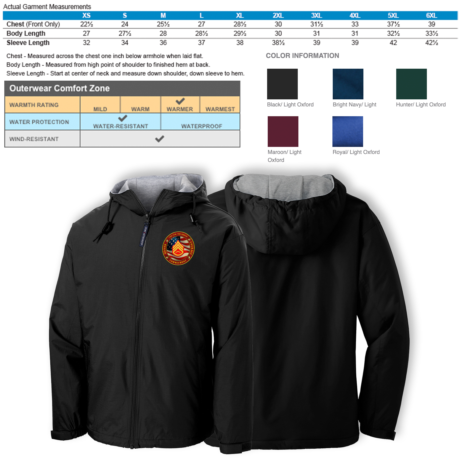 Custom US Marine Corps Ranks/Insignia Military Mottos, Core Values Print On Left Chest Team Jacket